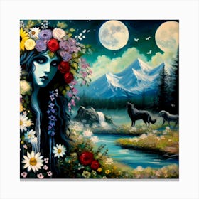 Wolf Woman With Flowers Canvas Print
