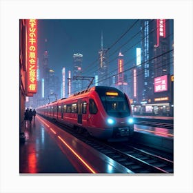 Train Speeding Through A Futuristic City Filled With Colorful Neon Lights 1 Canvas Print