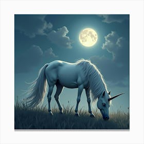 A Majestic Unicorn With A Flowing Mane, Grazing In A Moonlit Meadow 1 Canvas Print