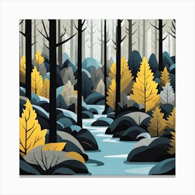 Forest Landscape, forest with Christmas trees, woods, lake, illustration, vector art, Forest, sunset,   Forest bathed in the warm glow of the setting sun, forest illustration,  forest vector art, forest painting, dark forest, landscape painting, nature vector art, Forest art, trees, pines, spruces, and firs, black, blue and yellow Canvas Print