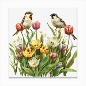 Spring Birds And Tulips Canvas Print