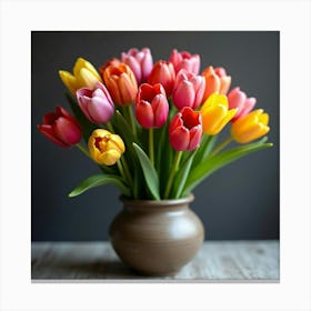 A Bunch Of Colorful Tulips Arranged In A Rustic Vase Canvas Print