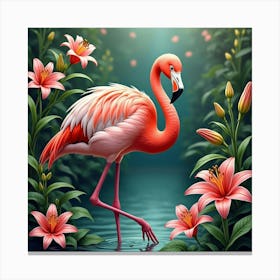 Flamingo With Garden Of Lilies 1 Canvas Print