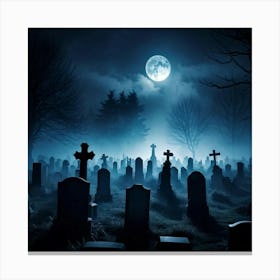 Cemetery Scene On A Halloween Night With Fog And Ghostly Silhouettes Against The Night Sky Haunted (3) Canvas Print