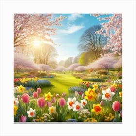 Spring Garden With Cherry Blossoms Canvas Print