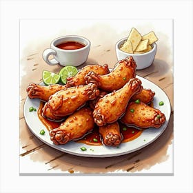 Watercolor Sketch Of A Tender And Juicy Bbq Chicken Wings On A Cozy Dining Table Canvas Print