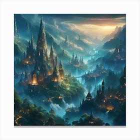 An Intricate High Fantasy Digital Art Piece, Focusing On A Sprawling Elven City Nestled In An Ancient Forest, Bathed In The Ethereal Twilight Glow 2 Canvas Print