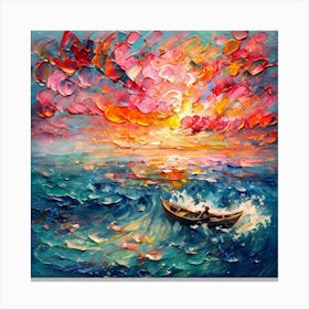 Dreamlike Seascape With Boat Under Blazing, Colorful Sky Canvas Print