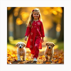 Little Girl With Puppies 1 Canvas Print