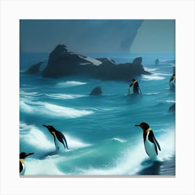 Penguins In The Ocean Canvas Print