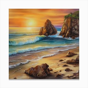 Artwork, oil colors, sea and sunset, seashore, beach rocks.San Francisco, USA.13 Canvas Print