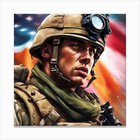 Soldier In Front Of The American Flag Canvas Print