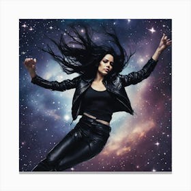 The Image Depicts A Woman Suspended In Midair Against A Backdrop Of Stars And Galaxies Canvas Print