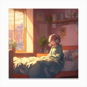 Anime Girl Listening To Music In Bed Canvas Print