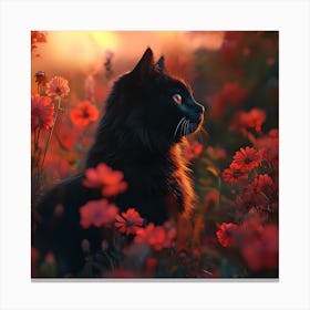 Black Cat in a Floral Sunset Garden 3 Canvas Print