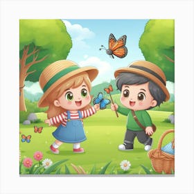 Cute Girl And Boy In The Garden Canvas Print