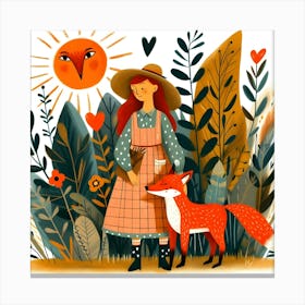 Girl with Fox, Sun, and Botanical Nature Canvas Print