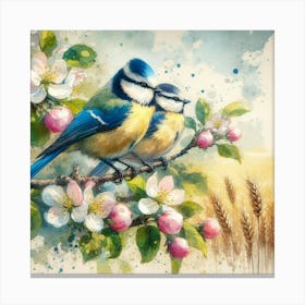 Soft Watercolor Art: Blue Tit, Apple Blossoms, Trees, and Grain Field. Canvas Print