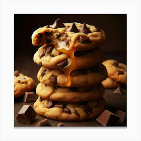 **Decadent, Delicious, and Irresistible: A Stack of Perfectly Chewy Chocolate Chip Cookies, oozing with gooey caramel filling, will satisfy your sweet tooth cravings like never before. These cookies are sure to be a hit at any gathering, and are perfect for a special treat or as a gift.** Canvas Print