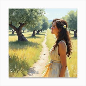 A Beautiful Greek Woman In Watercolor, Enjoying The Peaceful Ambiance Of An Olive Grove 1 Canvas Print