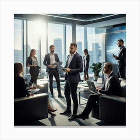 Confident Ceo Standing Center At A Sleek Modern Office Workshop Surrounded By Focused Team In Moti Canvas Print