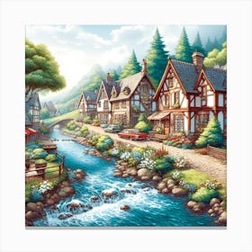 Stunning Painting Of A Village By A River Canvas Print