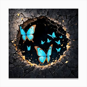 Blue Butterflies In A Hole, Blue Butterflies In A Brick Wall, Butterflies Emerging From A Cracked Dark Wall Representing Transformation And Hope Canvas Print