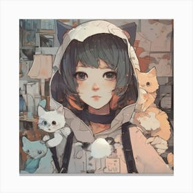Anime Girl With Cats Canvas Print