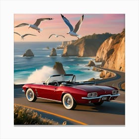 An Image Of A Vintage Red Convertible Driving Along A Winding Coastal Road At Sunset, With The Ocean Waves Crashing Against Rugged Cliffs And Seagulls Soaring In The Sky 1 Canvas Print