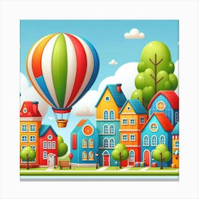 Cartoon City With Hot Air Balloon Canvas Print