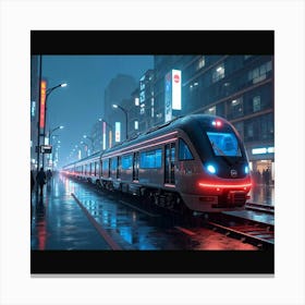 Sleek Futuristic Train In A Glowing Neon City During A Rainy Night 1 Canvas Print