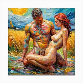 Nude Couple In The Field in Van Gogh Art Style Canvas Print
