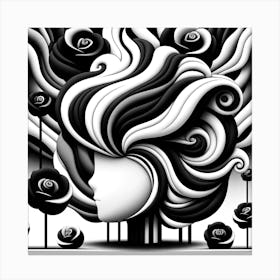 Black & White Chibi Style Woman With Flowers Canvas Print