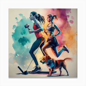 Two Women Running With Dog Canvas Print