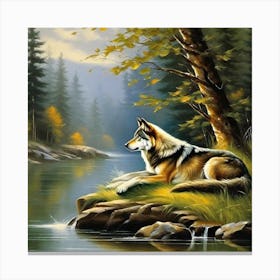 Wolf By The River Canvas Print