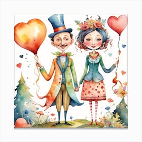 Couple Holding Balloons Cartoon Love Funny Canvas Print