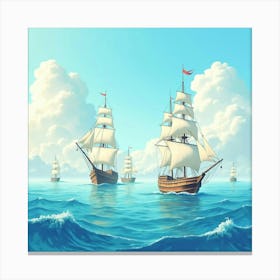 Dreamy Watercolor Seascape With Floating Ships 1 Canvas Print