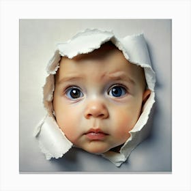 Baby Looking Out From A Hole In White Paper Canvas Print