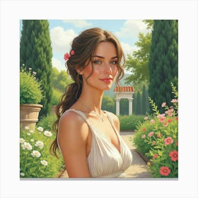 A Lovely Greek Woman In Watercolor, Surrounded By The Lush Greenery Of A Traditional Garden 1 Canvas Print