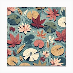 Scandinavian style, Surface of water with water lilies and maple leaves 3 Canvas Print