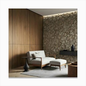 Modern Living Room With Stone Wall Canvas Print