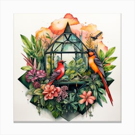 Tropical Plants and Birds Around Glass Canvas Print