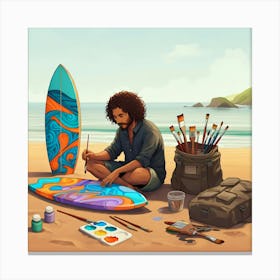 Person Painting A Colorful Surfboard On A Beach, Surrounded By Art Supplies Canvas Print