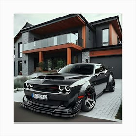 Charcoal Dodge Demon With Full Body Kit In Front Of Modern House Canvas Print