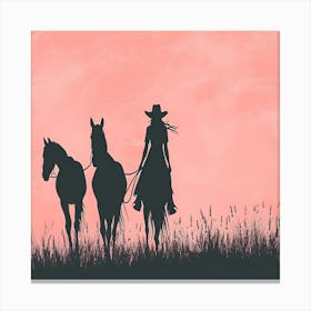 Silhouette Of Cowgirl And Horses Canvas Print