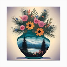 Flower Vase Decorated With Landscape With Pines, Blue, Green And Orange Canvas Print