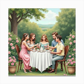 An English Tea Party In A Beautifully Decorated Garden With Guests, Watercolor 1 Canvas Print