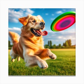 Golden Retriever Dog Catching A Frisbee Canvas Print