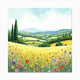 Scenic Watercolor Of An Italian Countryside With Fields Of Wildflowers 1 Canvas Print