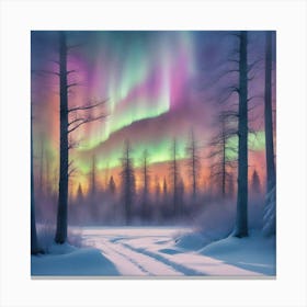 northern lights in the winter wood Canvas Print